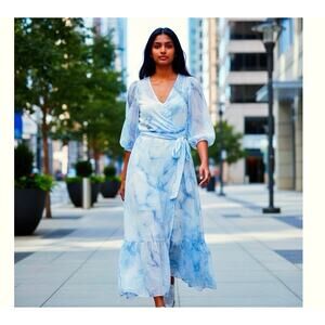 Calvin Klein Blue Watercolor Chiffon Midi Wrap Tiered Dress Size 4 NWT